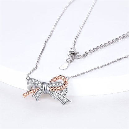 925 Sterling Silver Twisted Bow Pendant Necklace - Elegant Braided Collarbone Chain