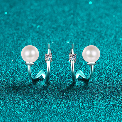 925 Sterling Silver U-Shaped Huggie Hoops - 0.06ct Moissanite & 6mm Pearls with Platinum Plating