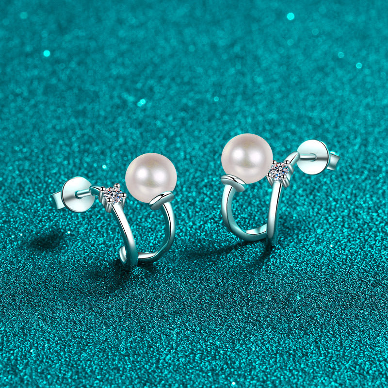 925 Sterling Silver U-Shaped Huggie Hoops - 0.06ct Moissanite & 6mm Pearls with Platinum Plating
