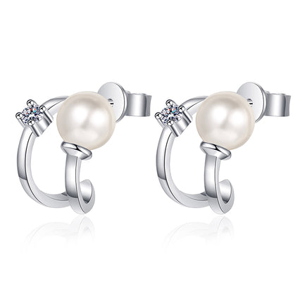 925 Sterling Silver U-Shaped Huggie Hoops - 0.06ct Moissanite & 6mm Pearls with Platinum Plating