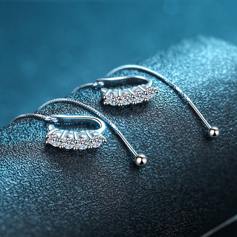 925 Sterling Silver U-Shaped Threader Earrings with 0.8ct Moissanite – Secure & Elegant Camellia & Tree Design
