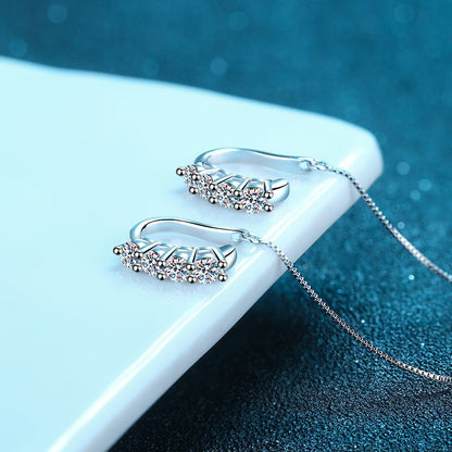 925 Sterling Silver U-Shaped Threader Earrings with 0.8ct Moissanite – Secure & Elegant Camellia & Tree Design