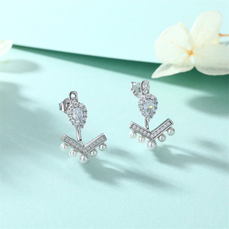 925 Sterling Silver V-Shape Pearl Earrings – Elegant Fringe Zircon & Shell Pearl Drops