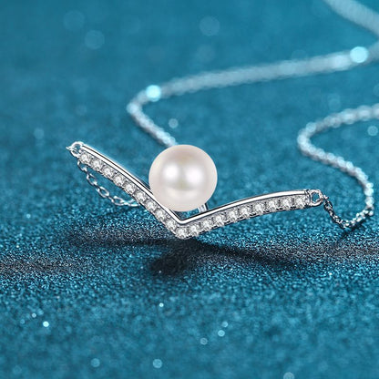 925 Sterling Silver V-Shaped Pendant Necklace - 0.285CT Moissanite & 8mm Freshwater Pearl Chain