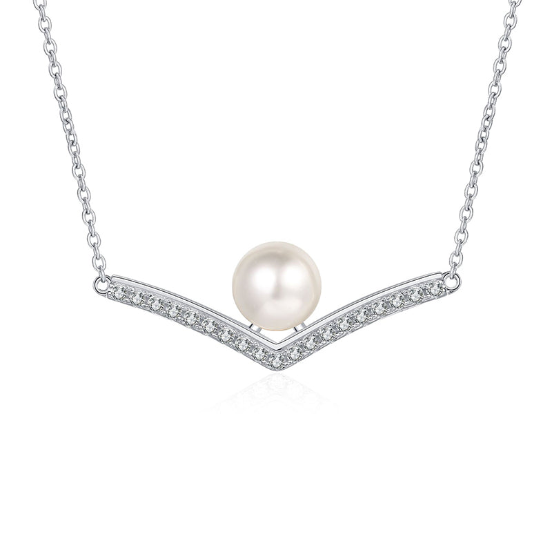 925 Sterling Silver V-Shaped Pendant Necklace - 0.285CT Moissanite & 8mm Freshwater Pearl Chain
