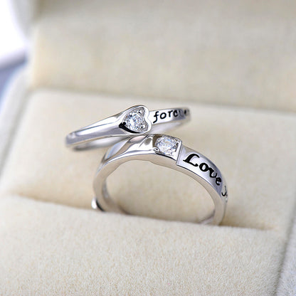925 Sterling Silver Vintage Heart Couple Rings with Zircon White Gold Plated Romantic Love Bands for Couples