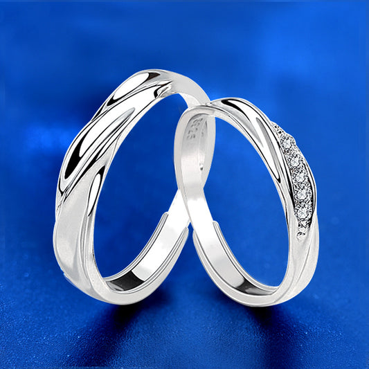 925 Sterling Silver Wave Couple Rings with Zircon - White Gold Plated Matching Bands (1.4g/1.6g)