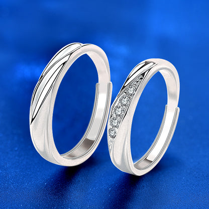 925 Sterling Silver Wave Couple Rings with Zircon - White Gold Plated Matching Bands (1.4g/1.6g)