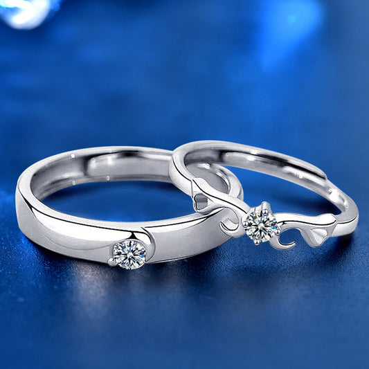 925 Sterling Silver Wing Couple Rings - His 0.3ct & Her 0.5ct Moissanite Adjustable Minimalist Bands in White Gold
