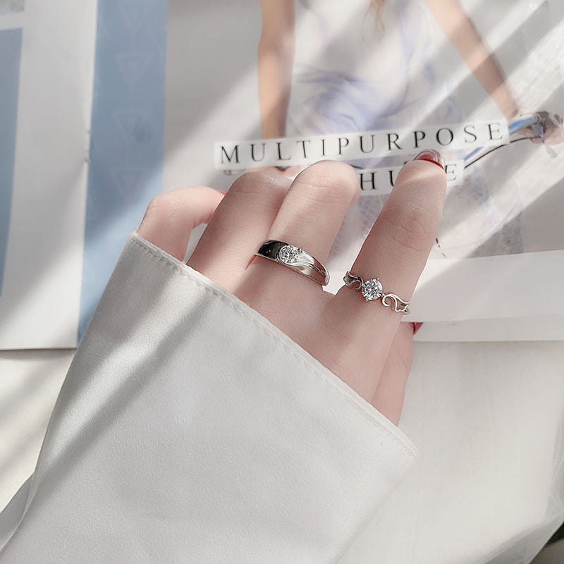 925 Sterling Silver Wing Couple Rings - His 0.3ct & Her 0.5ct Moissanite Adjustable Minimalist Bands in White Gold