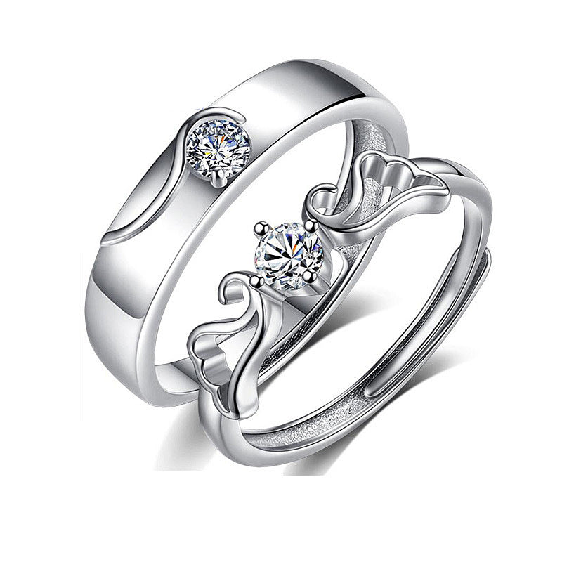 925 Sterling Silver Wing Couple Rings - His 0.3ct & Her 0.5ct Moissanite Adjustable Minimalist Bands in White Gold
