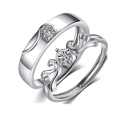 925 Sterling Silver Wing Couple Rings - His 0.3ct & Her 0.5ct Moissanite Adjustable Minimalist Bands in White Gold