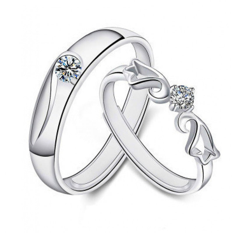 925 Sterling Silver Wing Couple Rings with Zircon - Adjustable Korean-Inspired Matching Bands