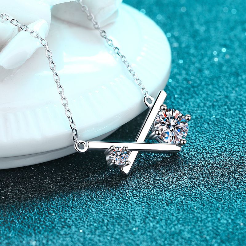 925 Sterling Silver X-Cross Pendant Necklace - 1.15CT Moissanite Trendy Collarbone Chain