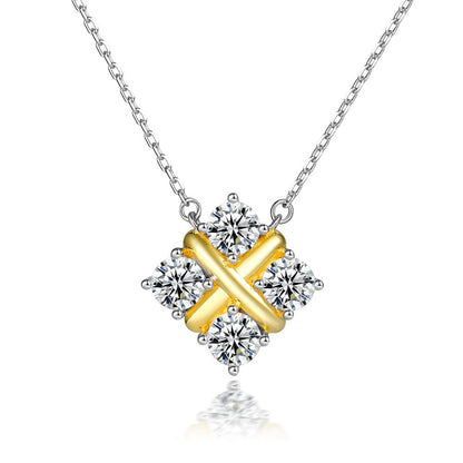 925 Sterling Silver X Initial Pendant Necklace - Square Zircon Accent Collarbone Chain