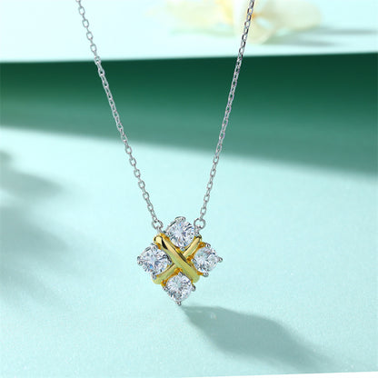 925 Sterling Silver X Initial Pendant Necklace - Square Zircon Accent Collarbone Chain