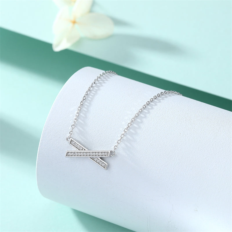925 Sterling Silver X Pendant Necklace - Modern Cross Collarbone Chain