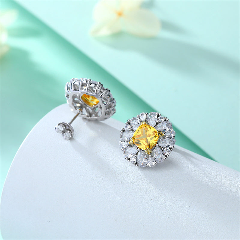 925 Sterling Silver Yellow Zircon Floral Earrings for Women Elegant Star Flower Stud Earrings White Gold Plated