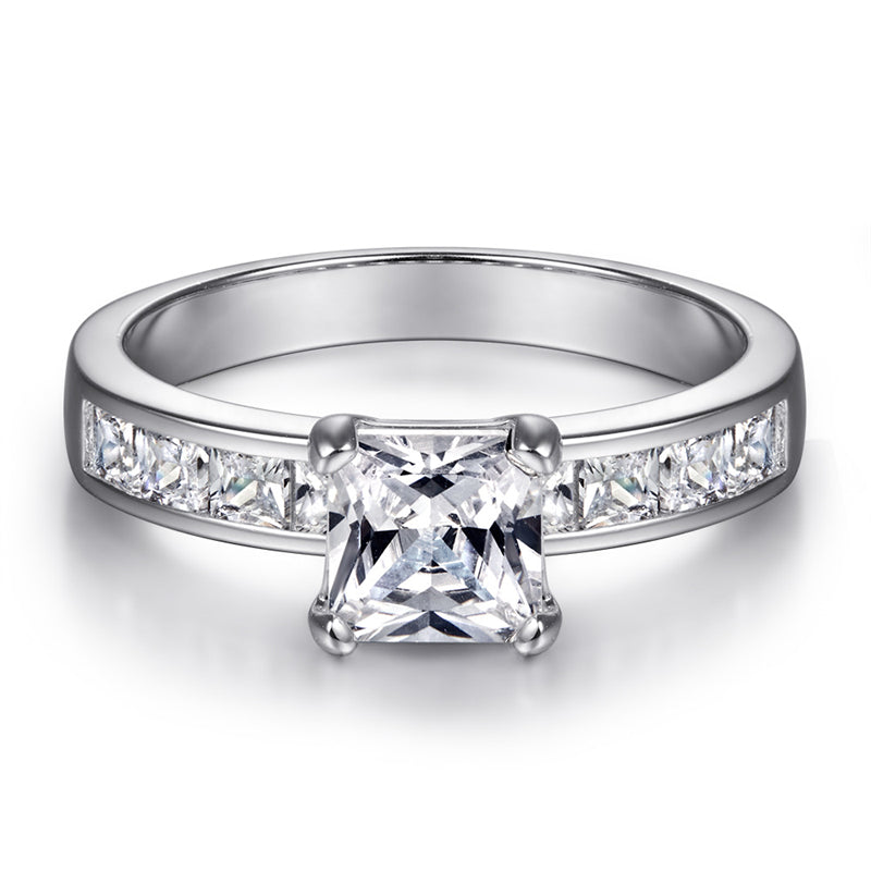 925 Sterling Silver Zircon Engagement Ring Set - Square Cut Wedding Band Jewelry for Women