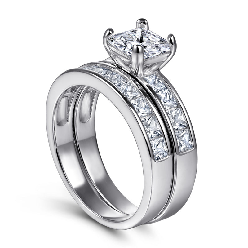 925 Sterling Silver Zircon Engagement Ring Set - Square Cut Wedding Band Jewelry for Women