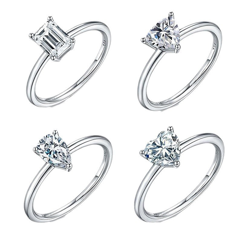 925 Silver Heart Shaped Ring with Teardrop/Heart/Triangle/Rectangle Zircon Stones Rhodium Plated Edgy Feminine Jewelry US Size 6-8