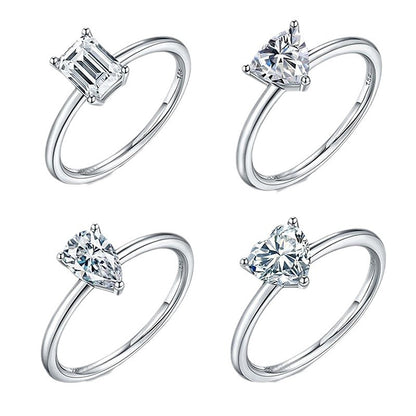 925 Silver Heart Shaped Ring with Teardrop/Heart/Triangle/Rectangle Zircon Stones Rhodium Plated Edgy Feminine Jewelry US Size 6-8