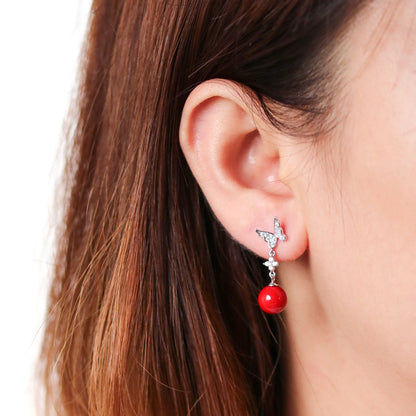 925 Sterling Silver Butterfly Pearl Drop Earrings – Elegant Red Pearl & Silver Dangle Jewelry