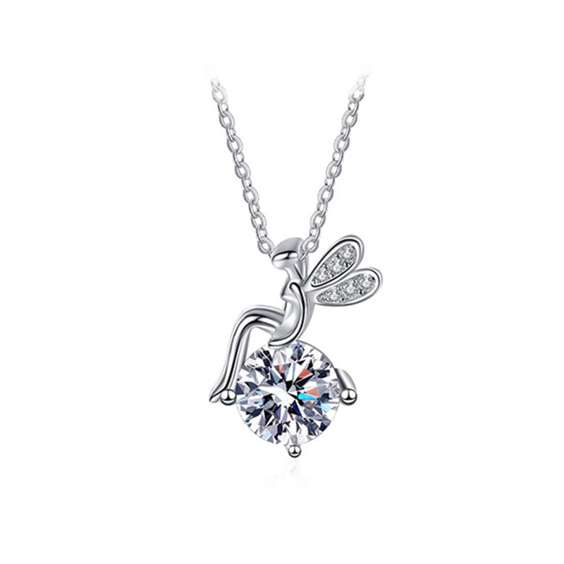 925 Sterling Silver Cartoon Angel Pendant Necklace with 1ct Moissanite Cross Chain Women's Rhodium Plated Jewelry