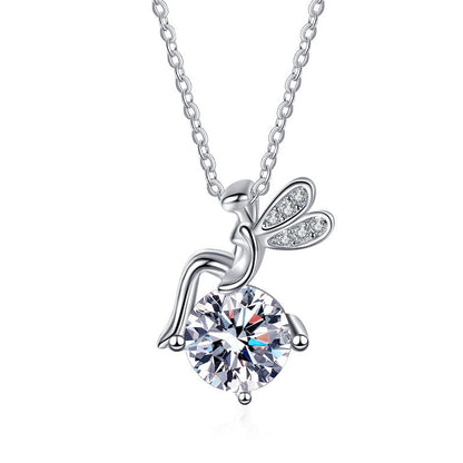 925 Sterling Silver Cartoon Angel Pendant Necklace with 1ct Moissanite Cross Chain Women's Rhodium Plated Jewelry