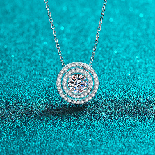 925 Sterling Silver Double Circle Pendant Necklace - 0.5CT to 2CT Moissanite PT950-Plated Collarbone Chain