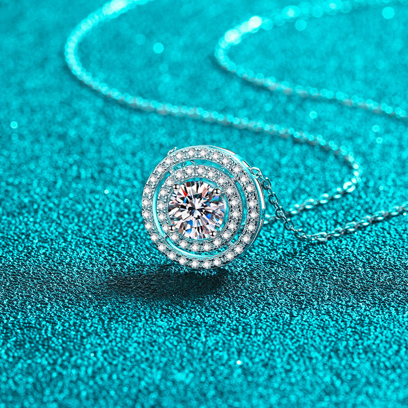 925 Sterling Silver Double Circle Pendant Necklace - 0.5CT to 2CT Moissanite PT950-Plated Collarbone Chain