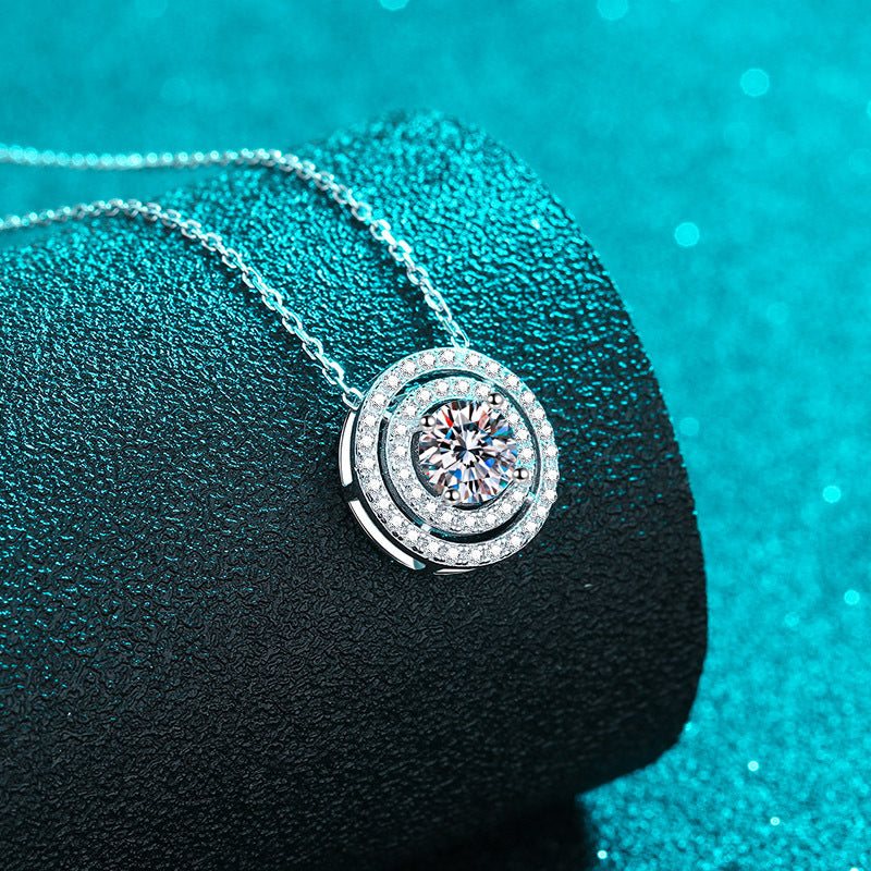 925 Sterling Silver Double Circle Pendant Necklace - 0.5CT to 2CT Moissanite PT950-Plated Collarbone Chain