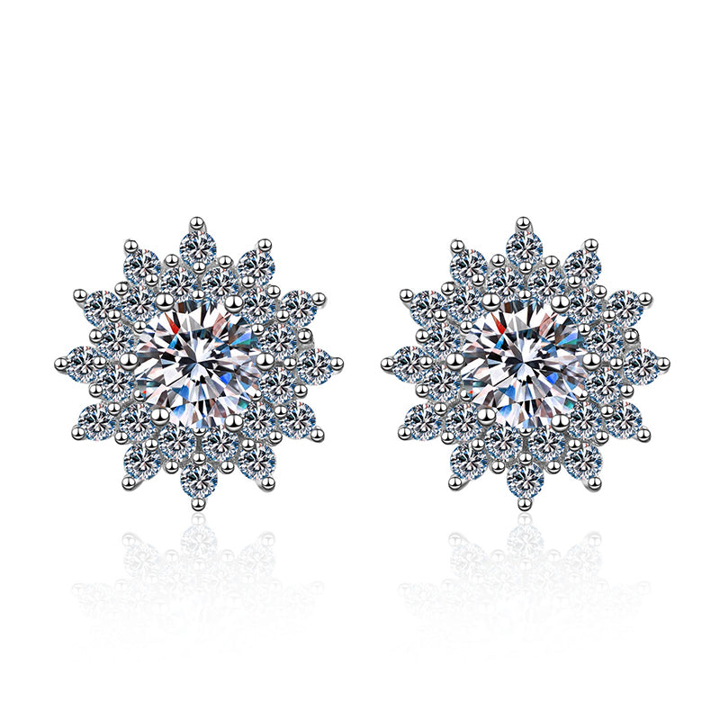 925 Sterling Silver Floral Cluster Stud Earrings - 1ct Moissanite in 4-Prong Starry Design