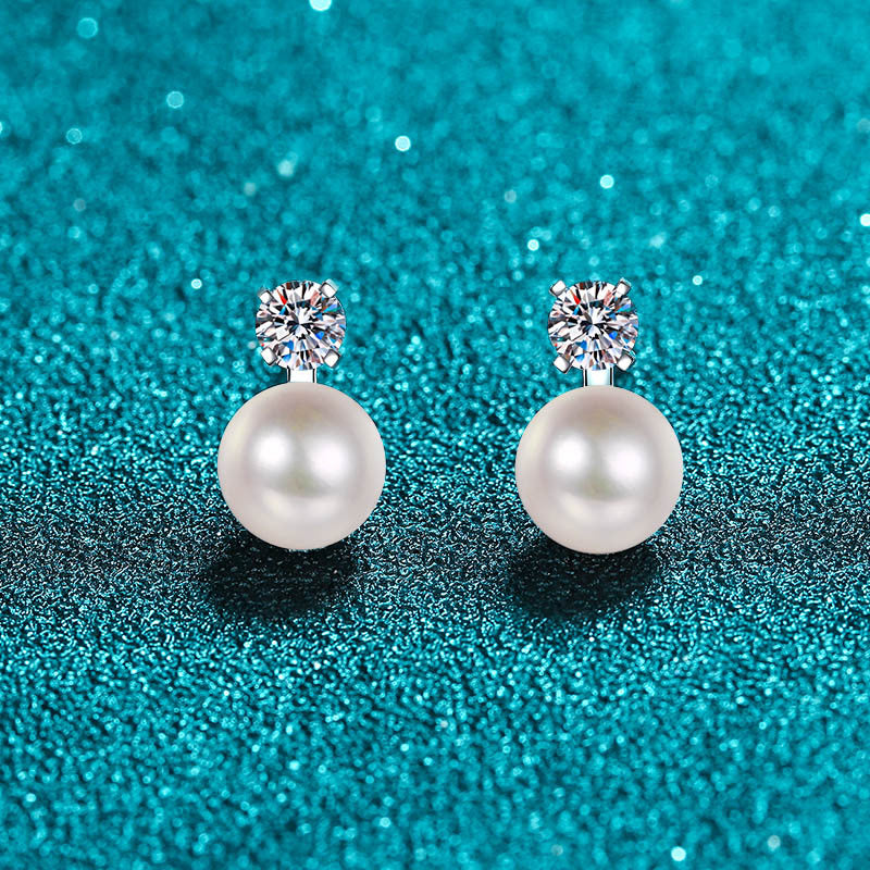 925 Sterling Silver Floral Pearl & Moissanite Stud Earrings - Flawless Freshwater Pearls with 0.60ct Moissanite