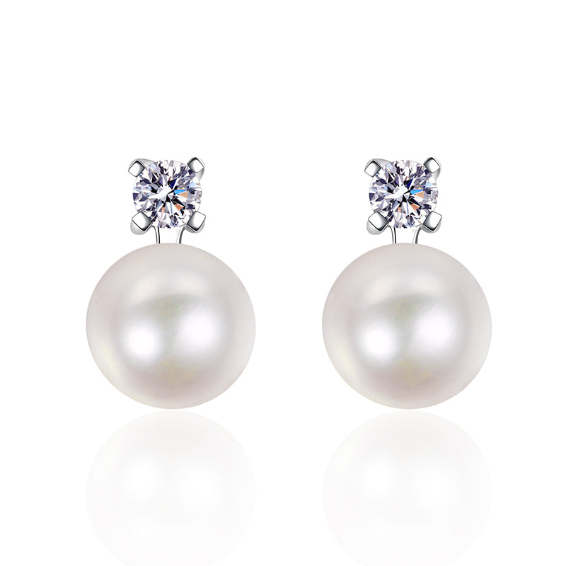 925 Sterling Silver Floral Pearl & Moissanite Stud Earrings - Flawless Freshwater Pearls with 0.60ct Moissanite