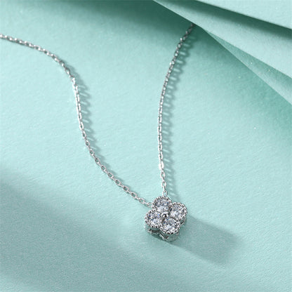 925 Sterling Silver Four-Leaf Clover Pendant Necklace - Lucky Charm Full Zirconia Collarbone Chain
