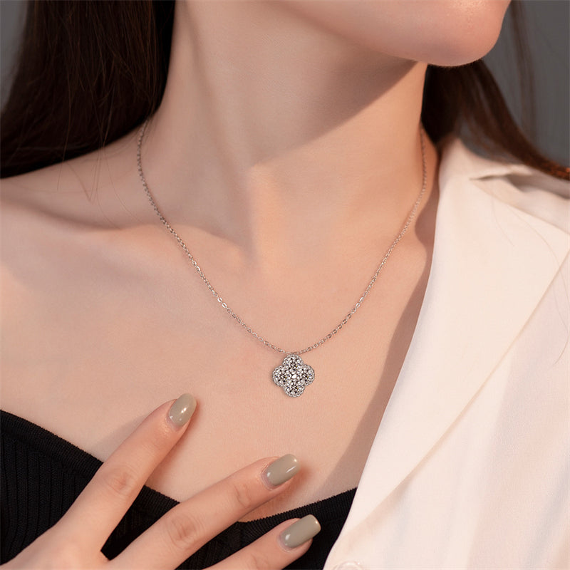 925 Sterling Silver Four-Leaf Clover Pendant Necklace - Lucky Charm Full Zirconia Collarbone Chain