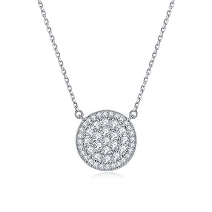 925 Sterling Silver Full-Zirconia Circle Pendant Necklace - Elegant Round Collarbone Chain