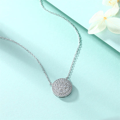 925 Sterling Silver Full-Zirconia Circle Pendant Necklace - Elegant Round Collarbone Chain