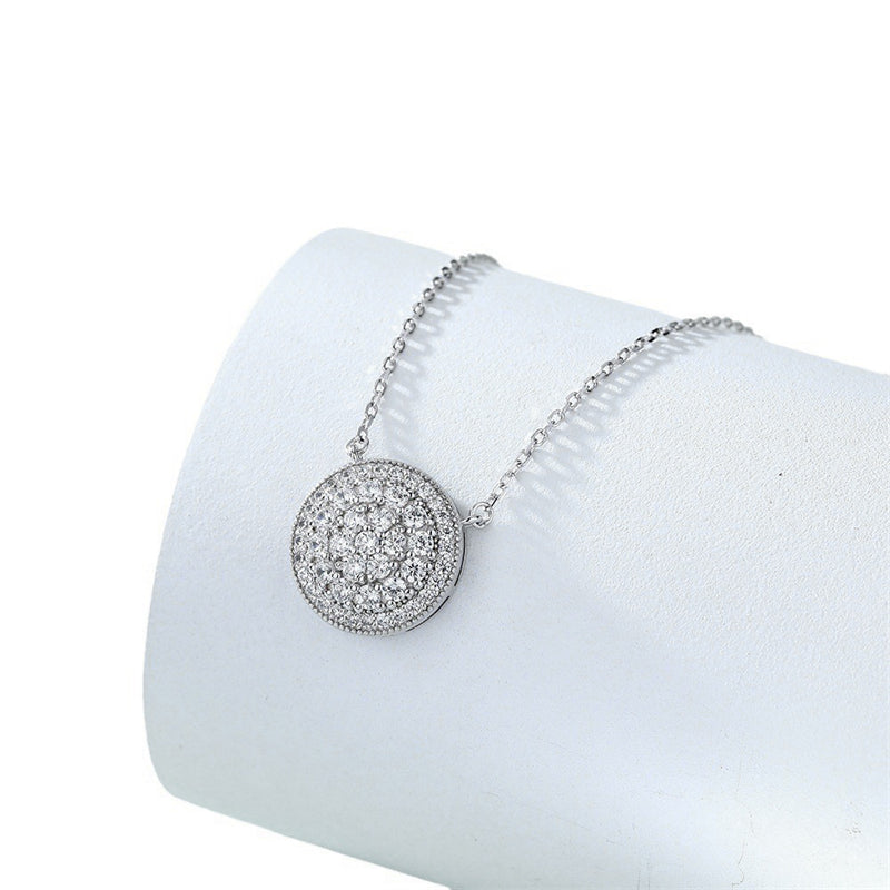 925 Sterling Silver Full-Zirconia Circle Pendant Necklace - Elegant Round Collarbone Chain