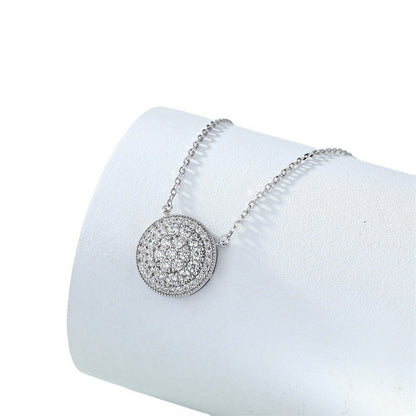 925 Sterling Silver Full-Zirconia Circle Pendant Necklace - Elegant Round Collarbone Chain