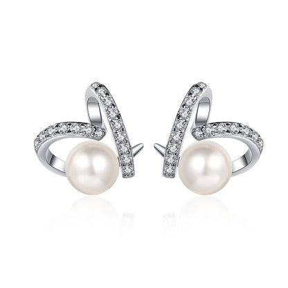 925 Sterling Silver Heart-Shaped Stud Earrings - Flawless Freshwater Pearl with 0.32ct Moissanite