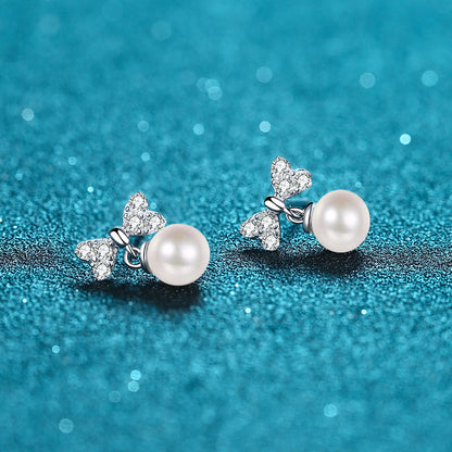 925 Sterling Silver Heart Bow Stud Earrings - 0.30ct Moissanite & 6mm Freshwater Pearls