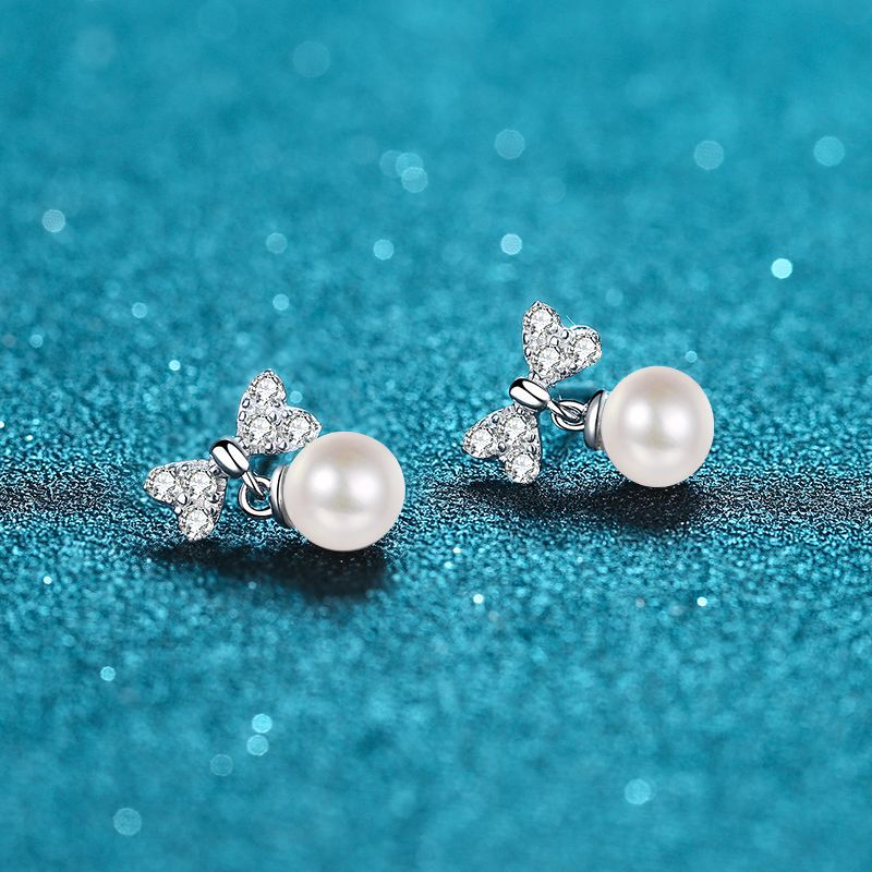 925 Sterling Silver Heart Bow Stud Earrings - 0.30ct Moissanite & 6mm Freshwater Pearls