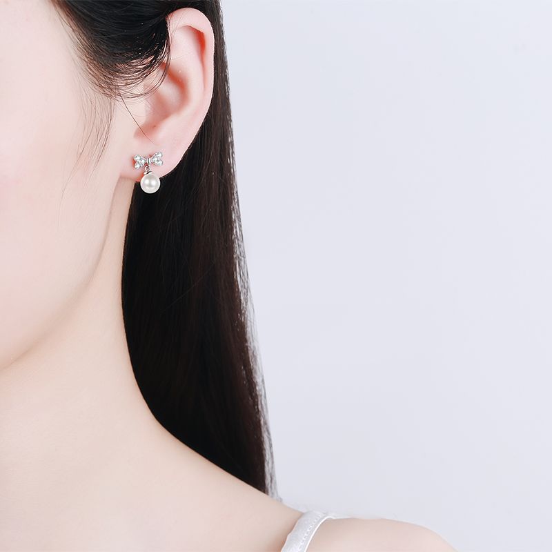 925 Sterling Silver Heart Bow Stud Earrings - 0.30ct Moissanite & 6mm Freshwater Pearls