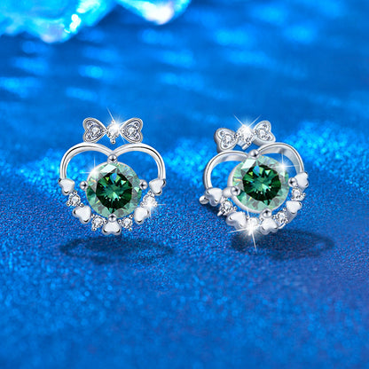 925 Sterling Silver Heart Bow Stud Earrings with 0.5ct White/Green Moissanite Rhodium Plated Minimalist Jewelry for Women