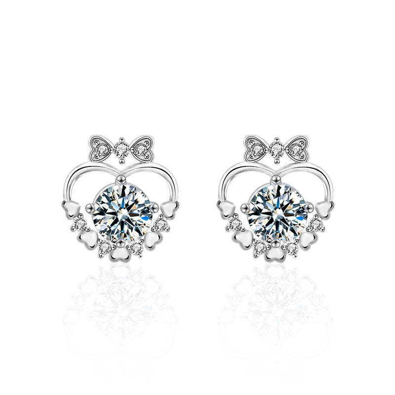 925 Sterling Silver Heart Bow Stud Earrings with 0.5ct White/Green Moissanite Rhodium Plated Minimalist Jewelry for Women
