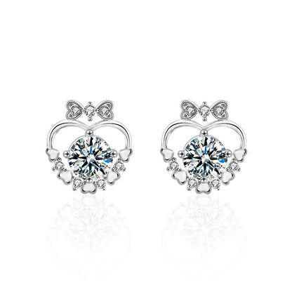 925 Sterling Silver Heart Bow Stud Earrings with 0.5ct White/Green Moissanite Rhodium Plated Minimalist Jewelry for Women