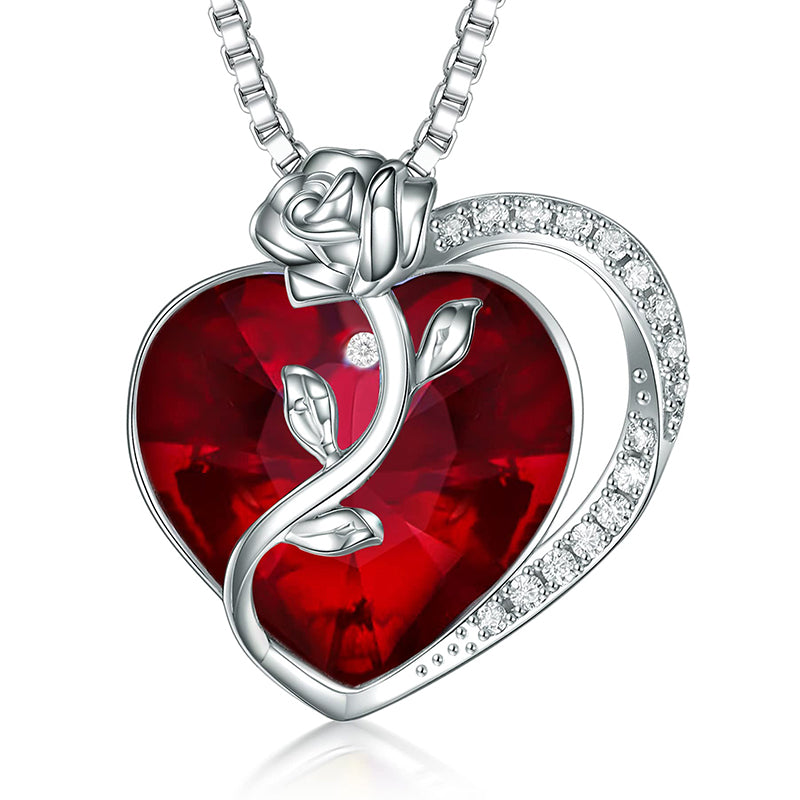 925 Sterling Silver Heart & Rose Pendant Necklace - Elegant Cubic Zirconia Collarbone Chain