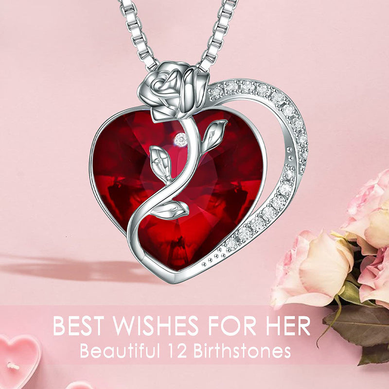925 Sterling Silver Heart & Rose Pendant Necklace - Elegant Cubic Zirconia Collarbone Chain